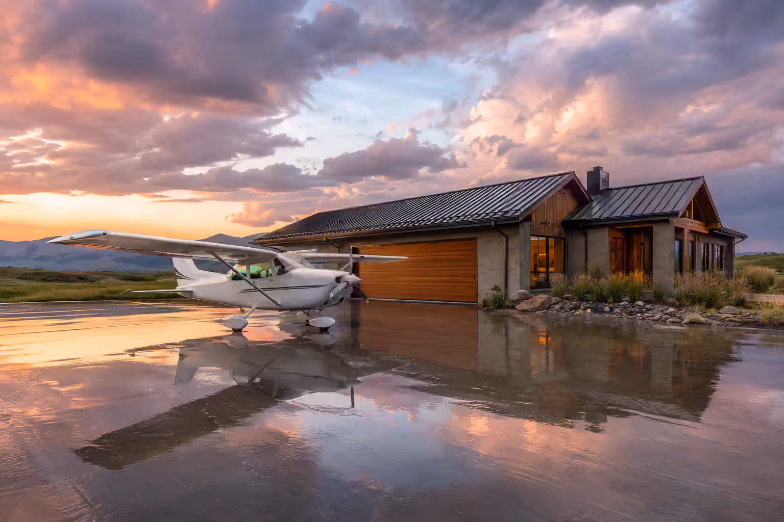 A high-wing single on a rain-wet apron mirroring the sunset, beside a hangar house with a broad timber door