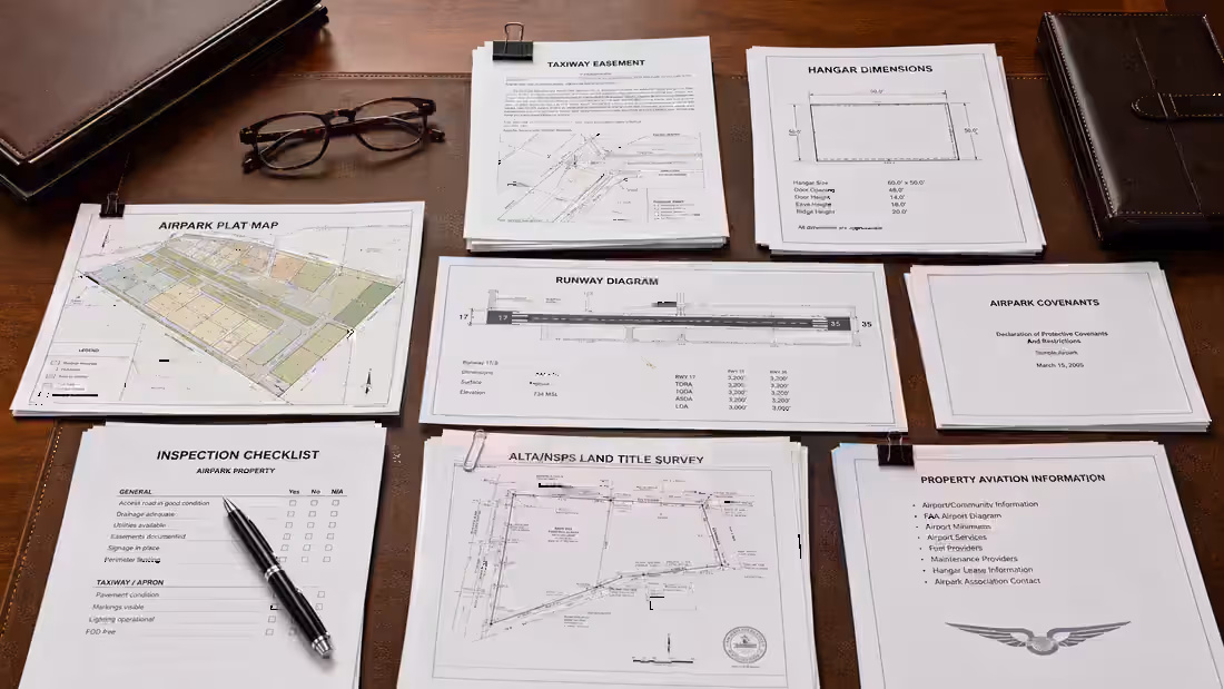 A plat map, a taxiway easement, a hangar dimension sheet, a runway diagram, covenants and an ALTA survey laid out on a desk