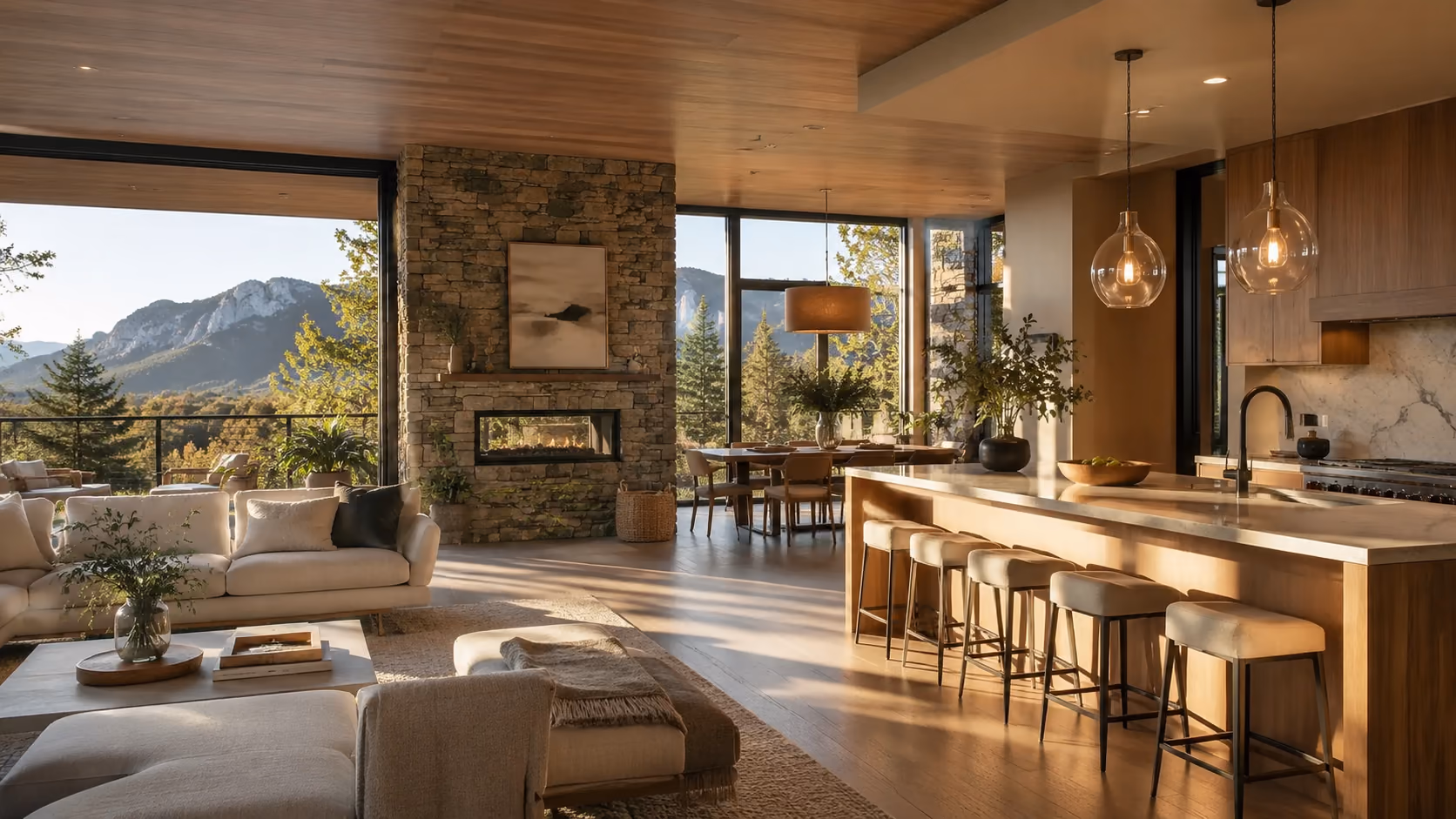 Open kitchen and living space at golden hour